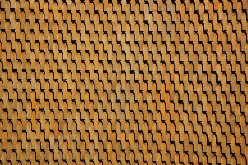 Yellow house wall made of wood shingles, woodwork, structure, backgrounds, patterns, linear, diagonal, geometric, symmetrical, wavy, Bischofsheim, Rhön, Bavaria, Germany