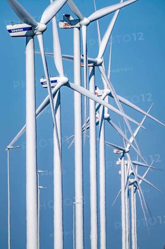 Wind farm on the Nordzeeweg, on a long spit of land between the Maas and the Calandkanaal in the Europoort harbour of Rotterdam, Netherlands