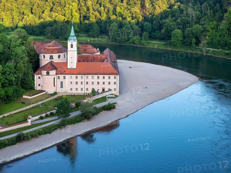 View of the Danube and Weltenburg Abbey at the Danube Breakthrough, Danube Valley near Kelheim, Lower Bavaria, Bavaria, Germany
