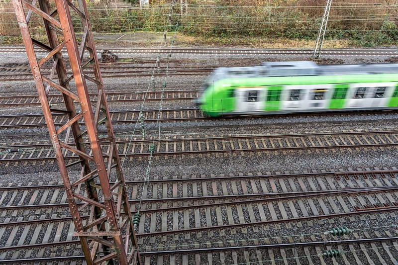 S-Bahn train on the route east, in front of Essen main station, regional transport in North Rhine-Westphalia, Germany