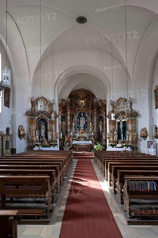 Interior with altar of the baroque church of St Kilian, Pretzfeld, Upper Franconia, Bavaria, Germany