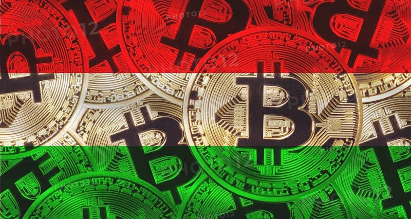 Hungary flag with Bitcoins in the background. Investors in cryptocurrency and Blockchain Technology in Hungary