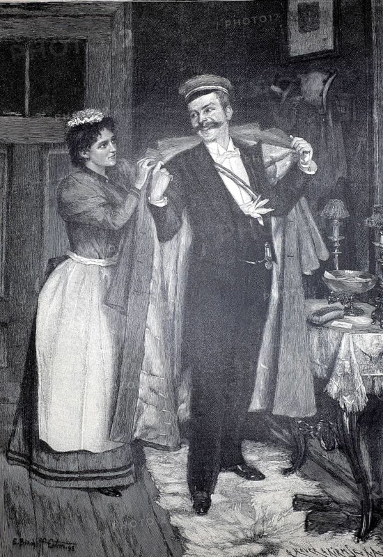 The student is visiting home, the maid helps him out of her coat, 1896, Germany, illustration, reproduction from a model from the 19th century. Authentic, file restored for optimal use, exact date of submission unknown, Historical, a woman helps a man put on his coat in a domestic interior