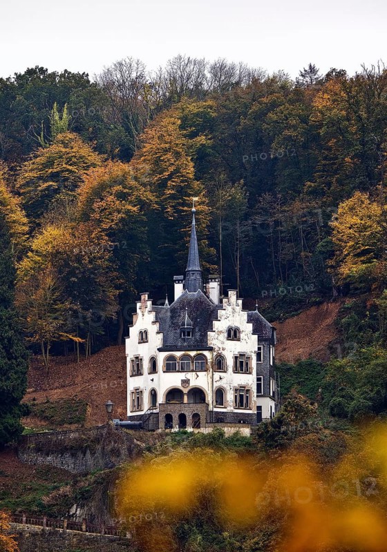 Listed, late historicist villa with stepped gable above the banks of the Rhine in autumn, Remagen, Rhineland-Palatinate, Germany