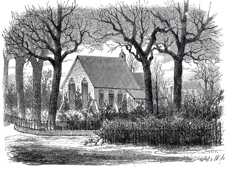 Napoleon III's funeral chapel in Chislehurst near London. Napoleon III (born 20 April 1808 in Paris, died 9 January 1873 in Chislehurst), birth name Charles-Louis-Napoléon Bonaparte, during the Second Republic from 1848 to 1852 French President and from 1852 to 1870 as Napoleon III Emperor of the French and last French monarch, Illustration, Reproduction from a 19th century original. Authentic, File restored for optimal use, Exact date of original unknown, Historical, A church surrounded by bare trees in an atmospheric winter landscape