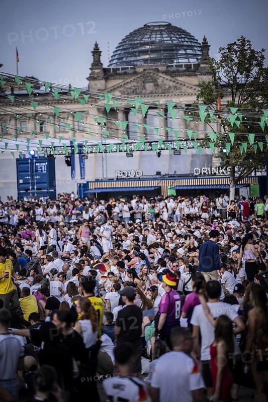 Scenes in the fan zone on Platz der Republik in front of the Reichstag building taken in Berlin, 29 June 2024 during the broadcast of the football match between Denmark and Germany