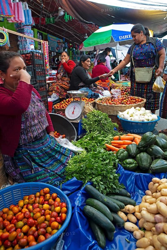 Mayan woman wearing traditional clothes at the market in Sololá, Highlands, Sololá Department, Guatemala