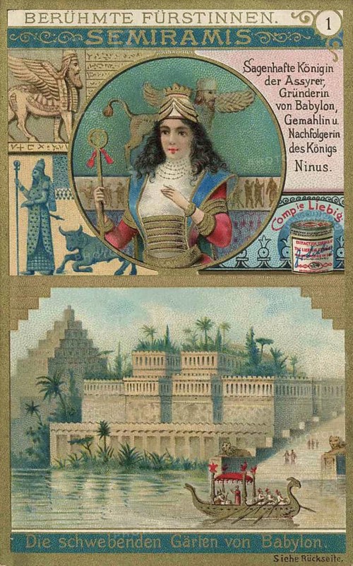 Picture series Famous Princesses, Semiramis, Queen of the Assyrians, Founder of Baghdad, Liebig picture, digitally restored reproduction of a collective picture from ca 1900, public domain, exact date unknown, depiction of the Assyrian Queen Semiramis and the floating gardens of Babylon with ancient architecture