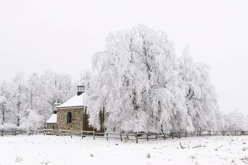 Fischbach chapel, winter, High Fens, Hautes Fagnes, Ardennes, Belgium