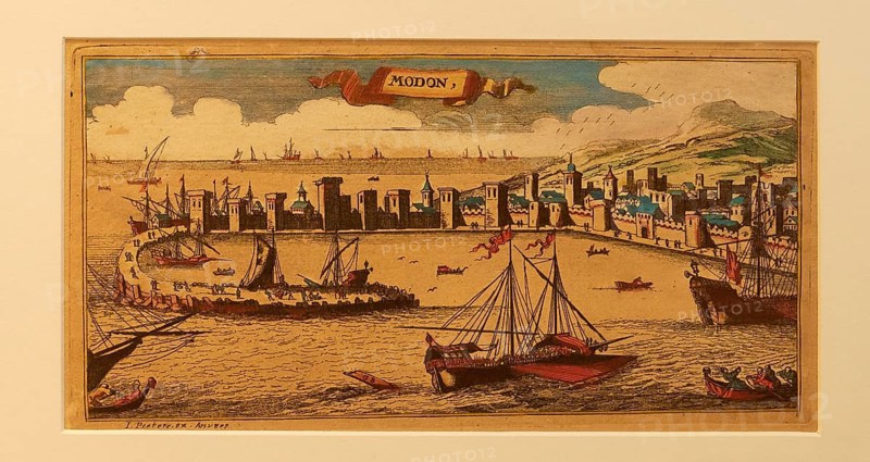Coloured view of a historic port with ships and town in the background, Historical Museum, Battle of Navarino 1827, Tsiklitiria's House, Pylos, Peloponnese, Greece