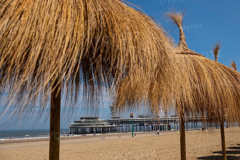 A row of raffia parasols on the beach at Scheveningen in the Netherlands