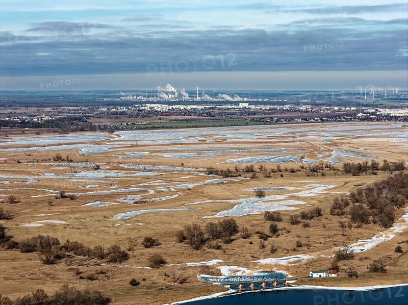 Ice and snow-covered foothills of the Oder in the Lower Oder Valley National Park. aerial view. Schwedt, Uckermark, Brandenburg, Germany