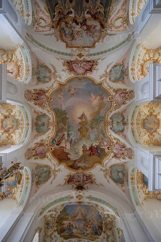 Vaults with ceiling paintings in the Maria Brünnlein pilgrimage basilica in rococo style built between 1748 and 1782, Wemding, Swabia Bavaria, Germany