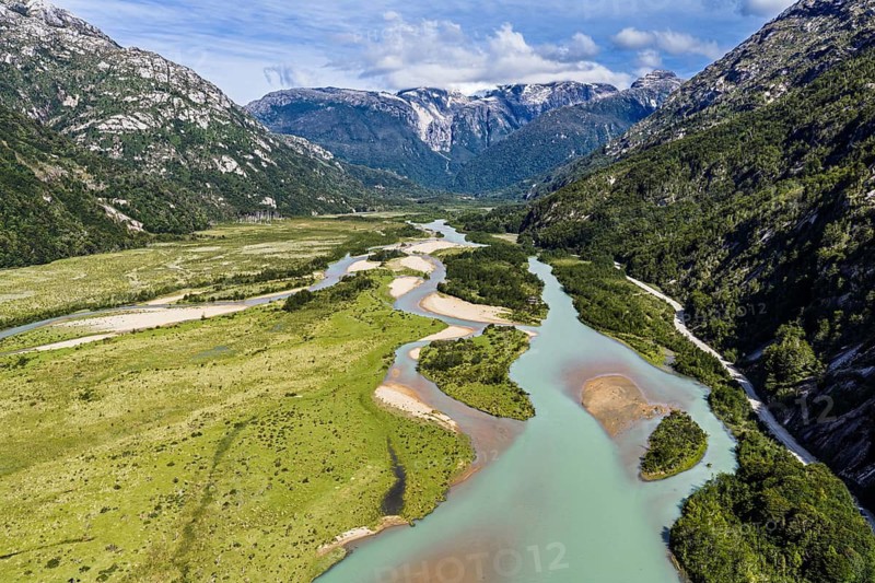Gravel road along river Rio Norte, Valle Exploradores, aerial view, near Puerto Tranquilo, Patagonia, Chile exploradores, near Puerto Tranquilo, Patagonia, Chile