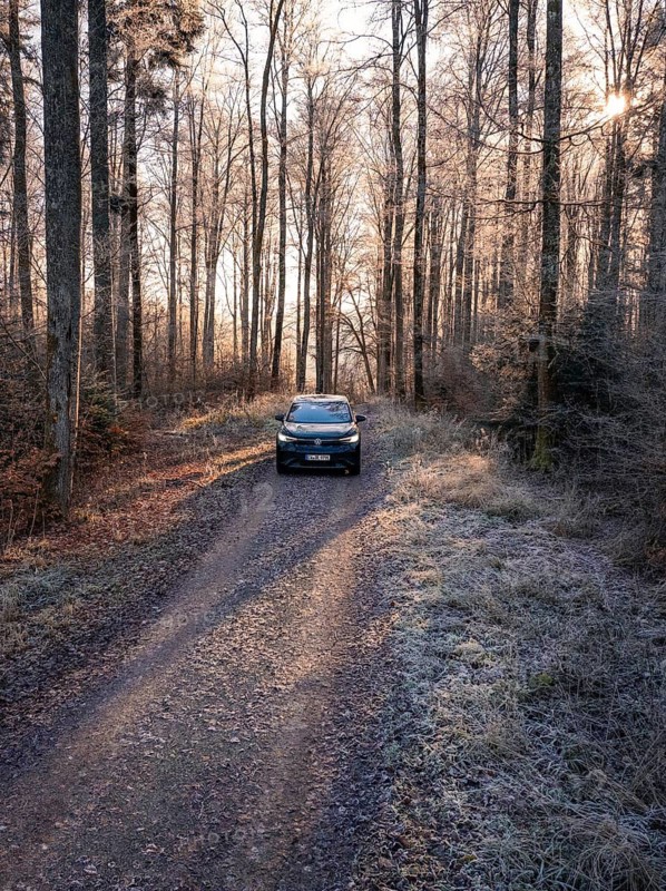 A car drives through tall, bare trees on a frosty forest path at sunrise in winter, car sharing, electric car, Volkswagen ID 5, Gechingen, Hecken und Gäu region, Black Forest, Germany