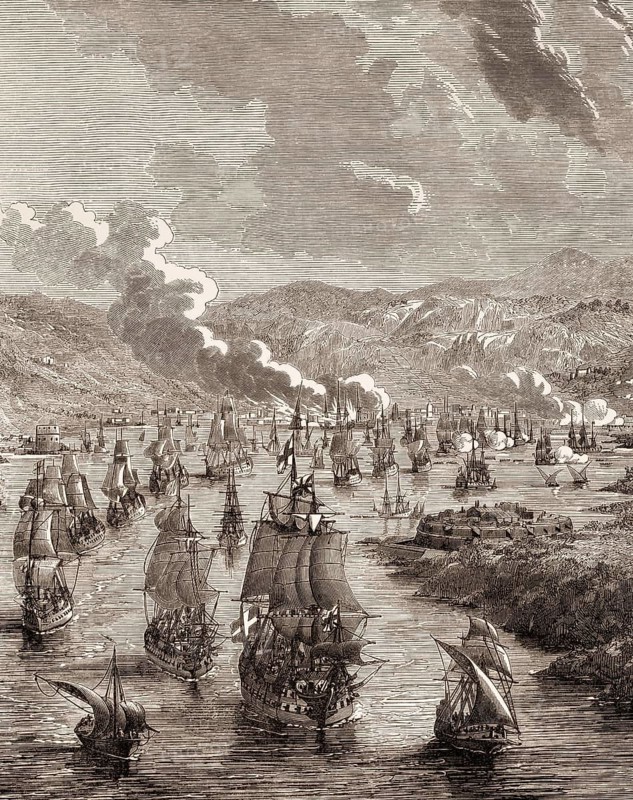 The Spanish fleet at Cagliari, Sardinia, Italy, conquest of Sardinia, 1717