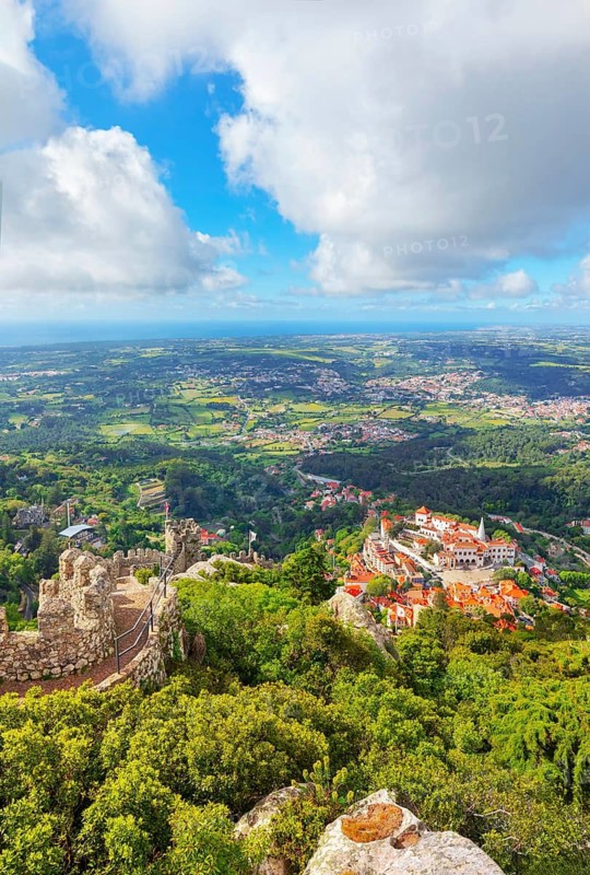 View of Castelo dos Mouros and Sintra town in the distance, Sintra, Portugal