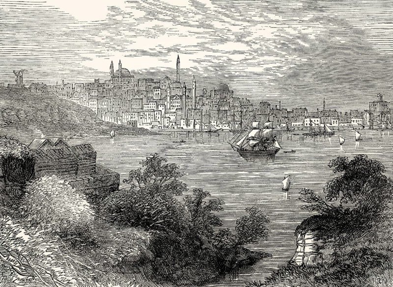 Historical view of Baltimore, early 19th century, the U.S. state of Maryland, From British Battles on Land and Sea, by James Grant