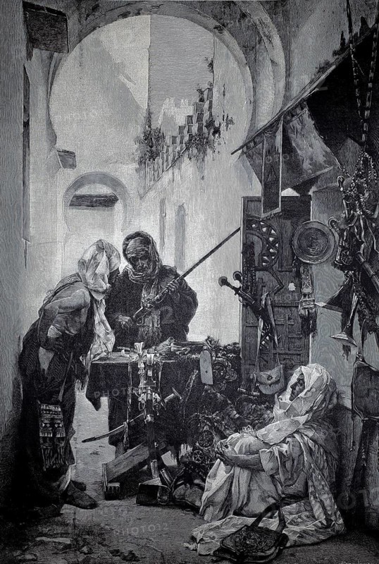 Arms dealer in Tangier at a bazaar stand, man testing a musket, 1890, Morocco, illustration, reproduction from a model from the 19th century. Authentic, file restored for optimal use, exact date of submission unknown, Historical, Two woman in an oriental bazaar talking in an alley filled with objects