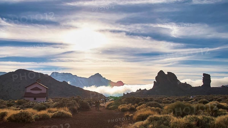Ermita de las Nieves, vast landscape with a building, mountains and cloud cover in soft evening light, Teide National Park, Teide National Park, volcano, volcanism, UNESCO World Heritage Site, Tenerife, Canary Islands, Spain