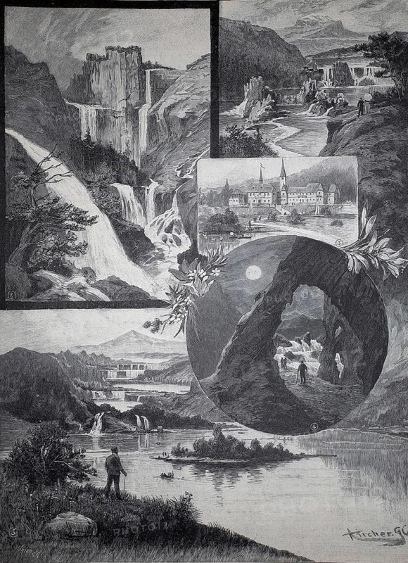 Tableau with illustrations of the Plitvice Lakes in Croatia, various waterfalls and the tourist hotel, around 1890, illustration, reproduction from a model from the 19th century. Authentic, file restored for optimal use, exact date of original unknown, historical, romantic scenes of waterfalls and rivers in a mountainous landscape