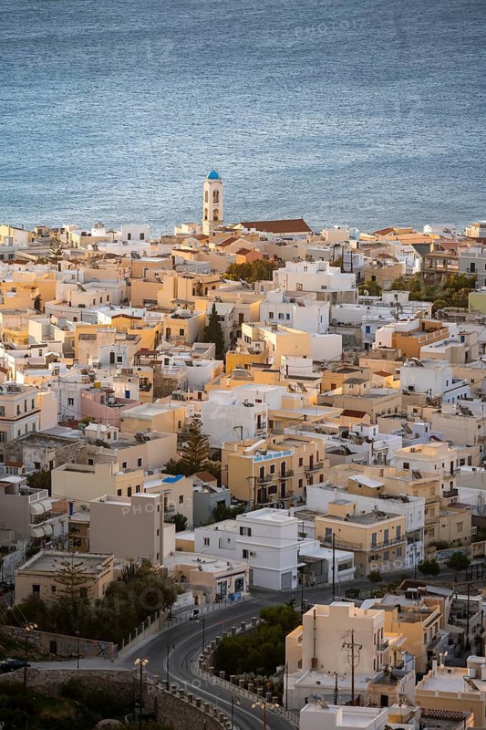 View from Ano Syros to the houses of Ermoupoli and church in the morning light, Ano Syros, Syros, Cyclades, Greece