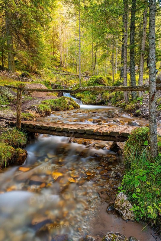 View of a rustic wooden bridge leading over a torrent, long exposure, Dolomites, Puez-Geisler nature park Park, St. Magdalena, Funes, Villnöss Valley, South Tyrol, Italy