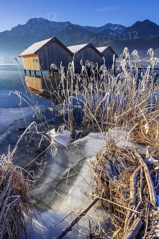 Boat huts, icy shore, lake, morning light, fog, snow, winter, mountains, Lake Kochel, Schlehdorf, behind Herzogstand, Heimgarten, Alpine foothills, Bavaria, Germany