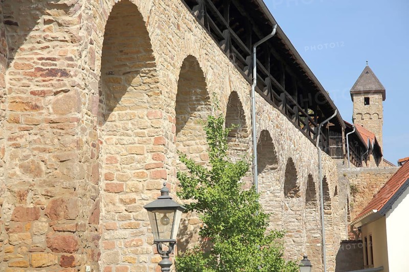 Historic city wall and gray tower, city fortifications with archways, Kirchheimbolanden, Rhineland-Palatinate, Germany