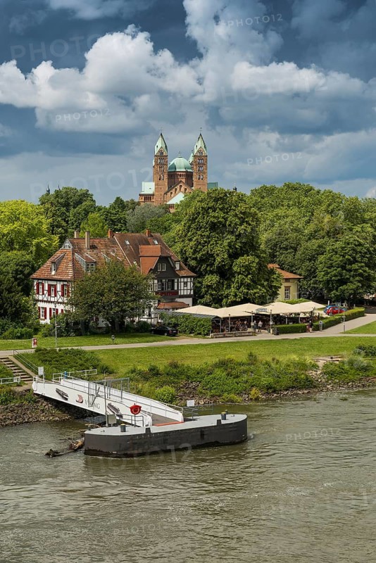 Beer garden on the Rhine and imperial cathedral, St Mary's and St Stephen's Cathedral, UNESCO World Heritage Site, Speyer, Rhineland-Palatinate, Germany