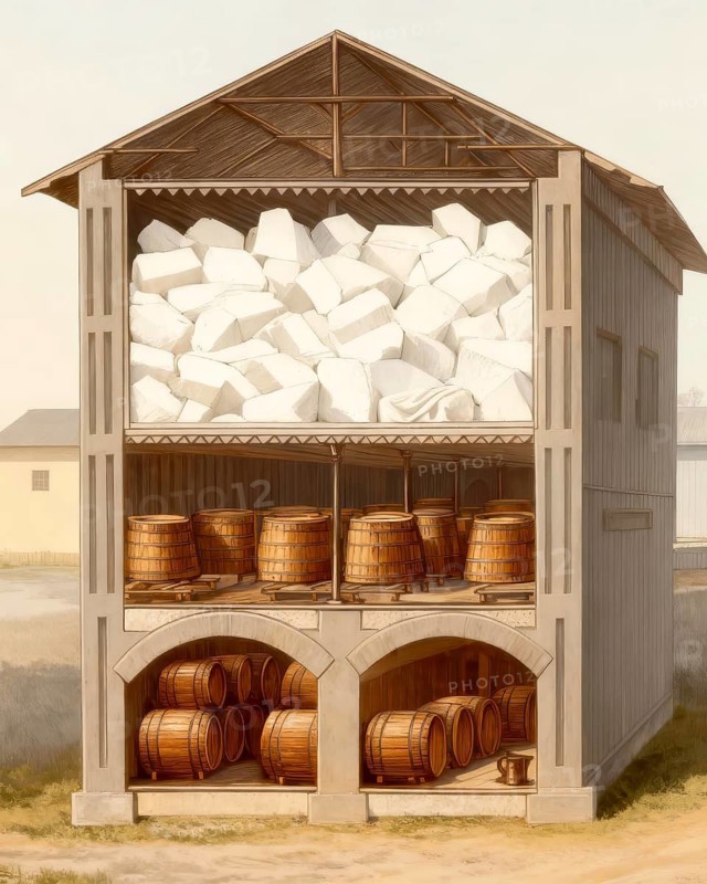 Historic illustration, 19th century, traditional cold store, cooling storage house, 1894