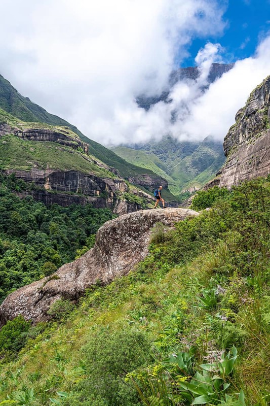 Female hiker standing in front of landscape with mountains and fog, Drakensberg National Park, KwaZulu Natal, South Africa