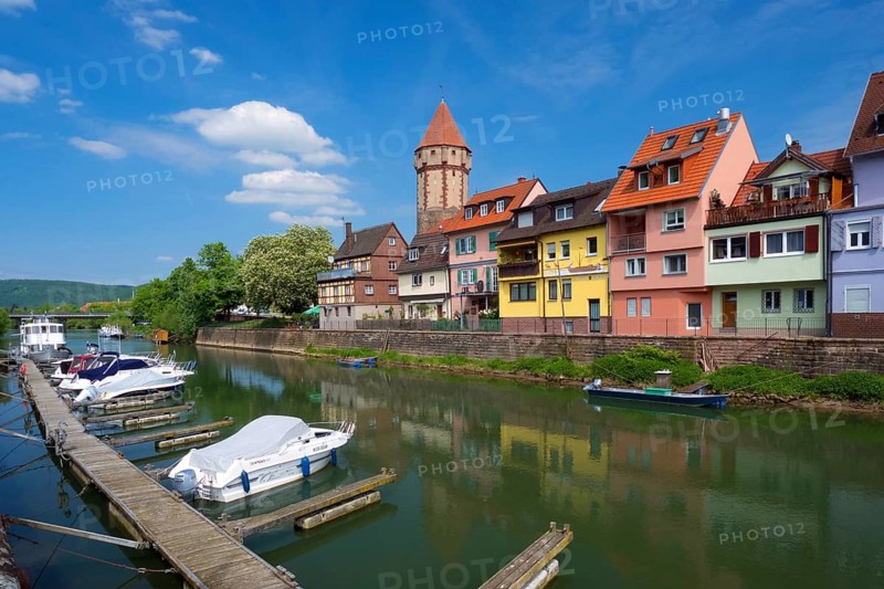 Federal Republic of Germany, Bavaria, View of Wertheim, Panorama with pointed tower, Town view, River, Wertheim, Bavaria, Federal Republic of Germany