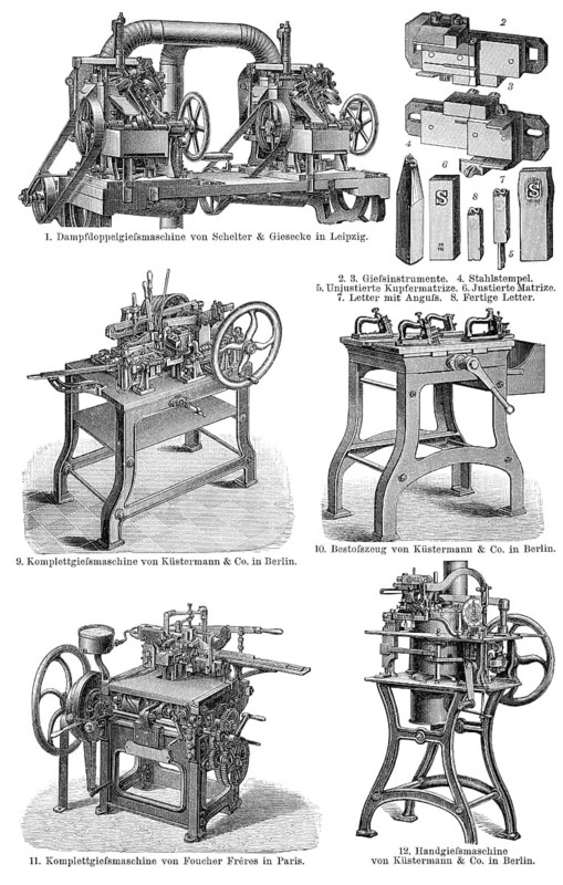 Historical illustration, 19th Century, machines for the production of Printing letters, metal types, Maschinen für Schriftgießereien, Lettern aus Blei, historische Zeichnung, 19. Jahrhundert