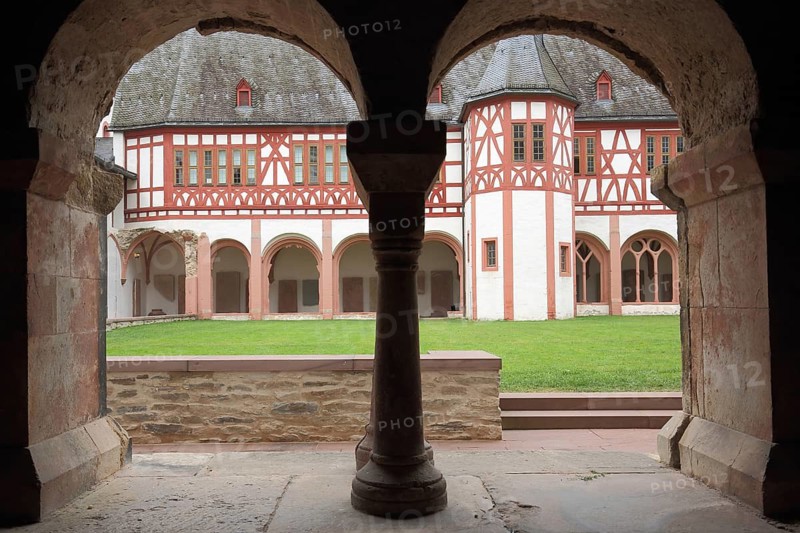 View from the chapter house from courtyard, half-timbered columns with silhouette, interior view, Eberbach Abbey, Rheingau, Taunus, Hesse, Germany