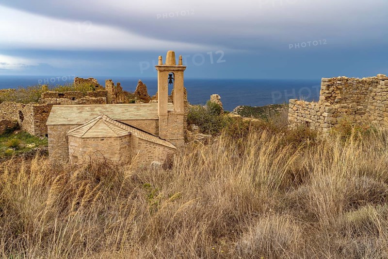 The church of Annunziata in the ruins of the abandoned village of Occi near Lumio, Balagne, Corsica, France