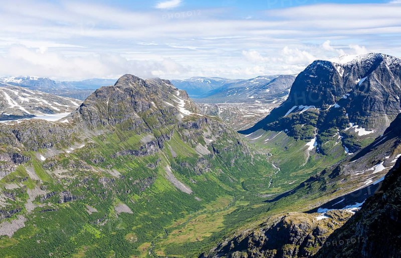 View of mountain scenery from the summit of Innerdalstårnet, Innerdalen high valley, Trollheimen Mountain Area, Sunndal, Møre og Romsda, Vestlandet, Norway