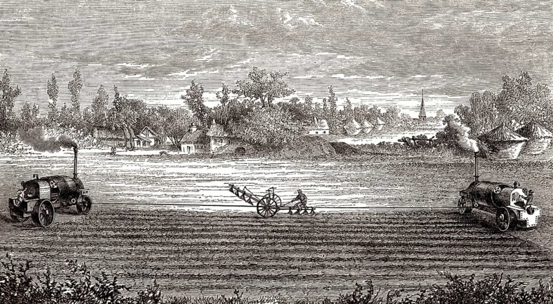 Maschinelle Dampfpflugsysteme bei der Arbeit, landwirtschaftlicher Traktor mit Dampfmaschinenantrieb, 19.