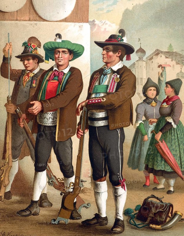 Traditional costumes in Germany around 1820, Tyrol, Ötztal, Wipptal, Pustertal, Three men in traditional Tyrolean costumes in front of a mountainous landscape, digitally retouched reproduction of a model from around 1850, by Albert Kretschmer (27 February 1825, 11 July 1891), German painter and costumier