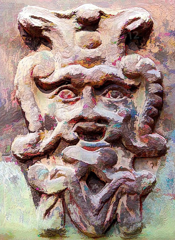 Old stone mask, face on a wall, Welf Castle of Herzberg, Herzberg am Harz, district of Göttingen, Lower Saxony, Germany, digitally edited