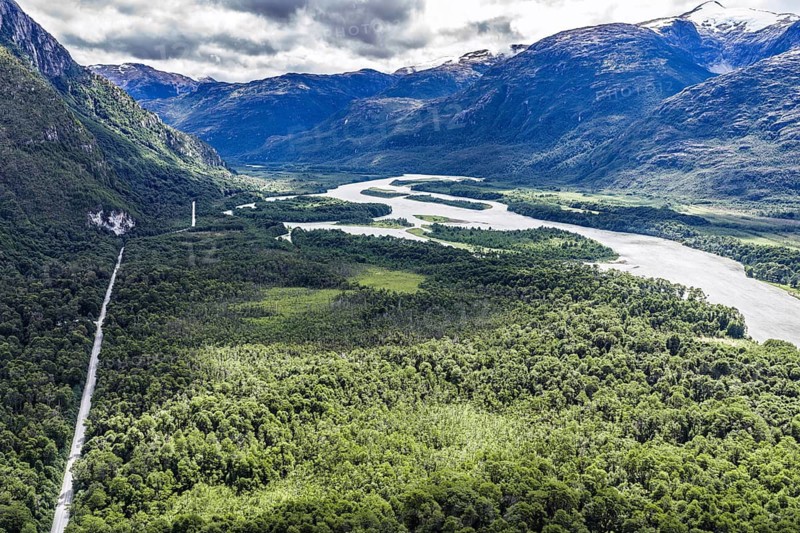 Road Carretera Austral, gravel road along river Rio Baker, north of Puerto Yungnay, aerial view, Patagonia, Chile