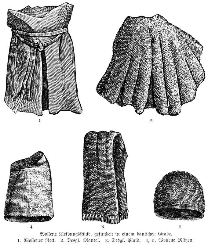 Finds from Bronze Age graves, probably from Borum Eshoj near Aarhus, Jutland, woven woollen clothing, skirt, coat, plaid, cap, history of mankind, historical illustration 1880