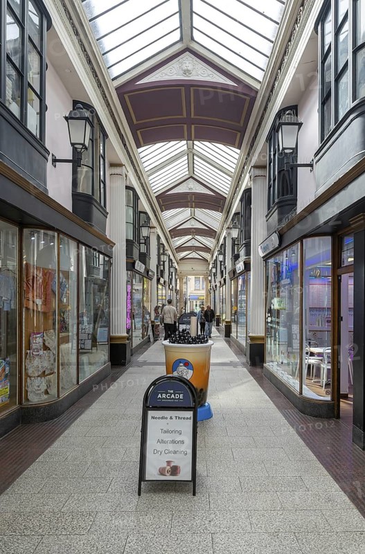 The Arcade historic shopping corridor, Broadmead shopping centre, Bristol, England, UK