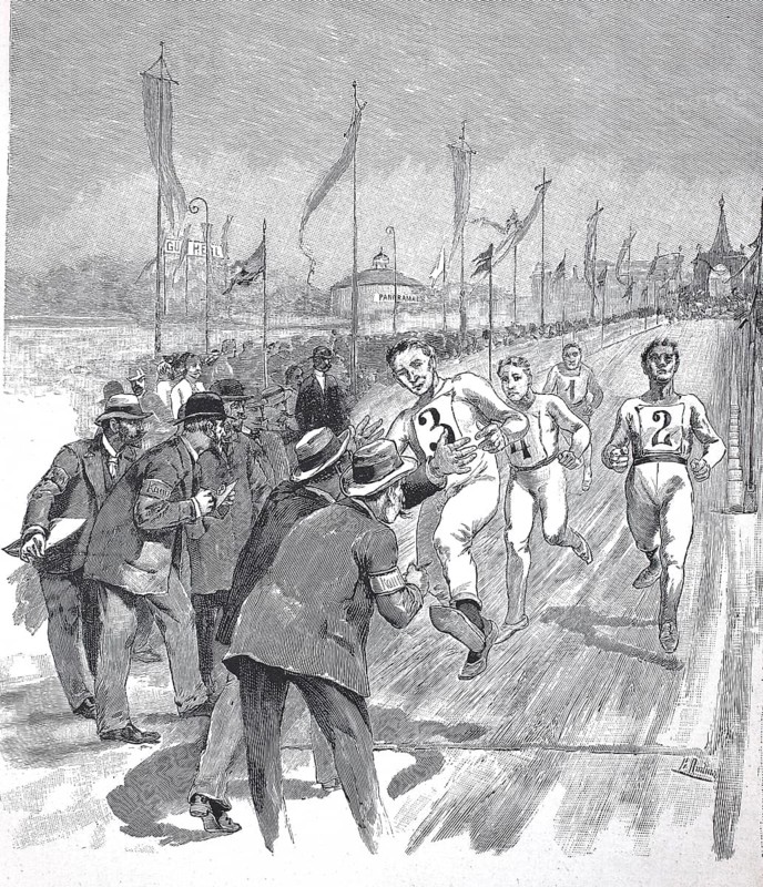Race at the 7th German Gymnastics Festival 1895 in Munich, Bavaria, Germany, Reproduction of an original, around 1900, historical, A running competition with several athletes surrounded by a cheering crowd