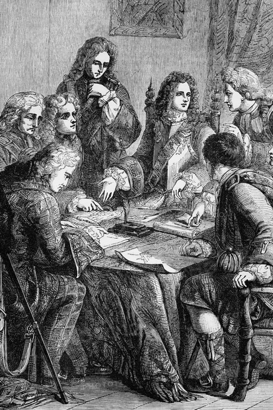 James Francis Edward, Prince of Wales, the Chevalier De St George or the Old Pretender, the son of the deposed James II of England (James VII of Scotland) with his council, after he received no support for his accession to the throne, England, digital reproduction of a historical model