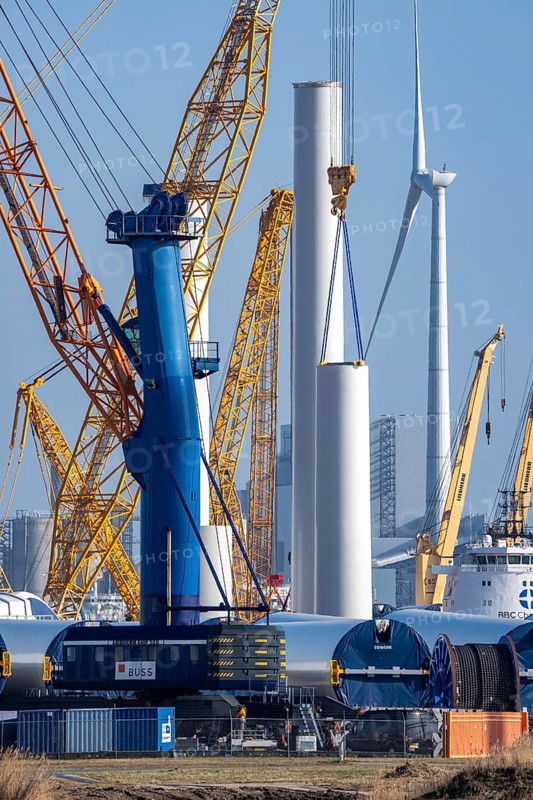 The seaport of Eemshaven, Julianahaven Basin, is where the components, rotors, tower components, technical gondolas, for offshore wind farms, which are then assembled into actual wind turbines, the components are transported to the wind farms in the North Sea with large working vessels and assembled there, Eemshaven, the Netherlands