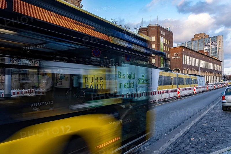 Construction site of the stop at the main train station, for the new city railway, visualization of the full-size tram, a new tram line over 5 km long, which will connect the west of Essen, the new district 51, with the city center, from 2026, Essen, North Rhine-Westphalia, Germany