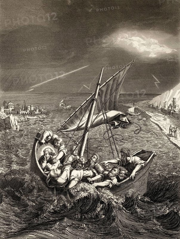 Jesus sleeps in boat during the storm, New Testament, steel engraving 1853, digitally restored