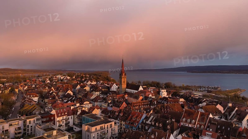 Aerial view, panorama of the town of Radolfzell am Lake Constance with the Radolfzell Minster at sunset, district of Constance, Baden-Württemberg, Germany