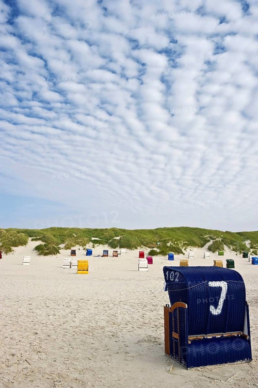 Beach chairs by the sea, Amrum, North Frisian Islands, Schleswig-Holstein, Germany